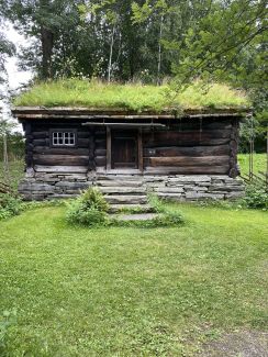Tradycyjna zabudowa norweska – dom z zielonym dachem.
