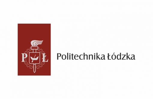 TUL logo. On the left a maroon rectangle with grey letters TUL, a flaming torch, a cogwheel and the emblem of Lodz. On the right-hand side a black inscription Lodz University of Technology.