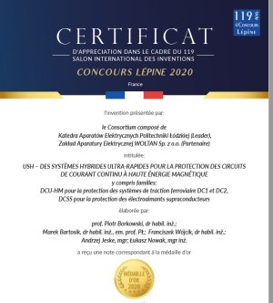 Dyplom na Concurs Lepine we Francji  dla wynalazku z PŁ