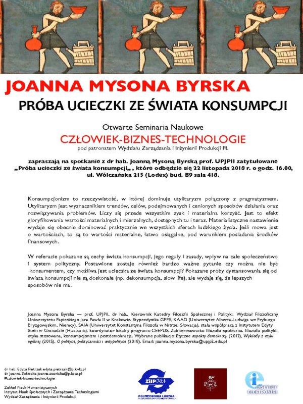 Plakat na seminarium na PŁ z prof. J.Mysona-Byrską