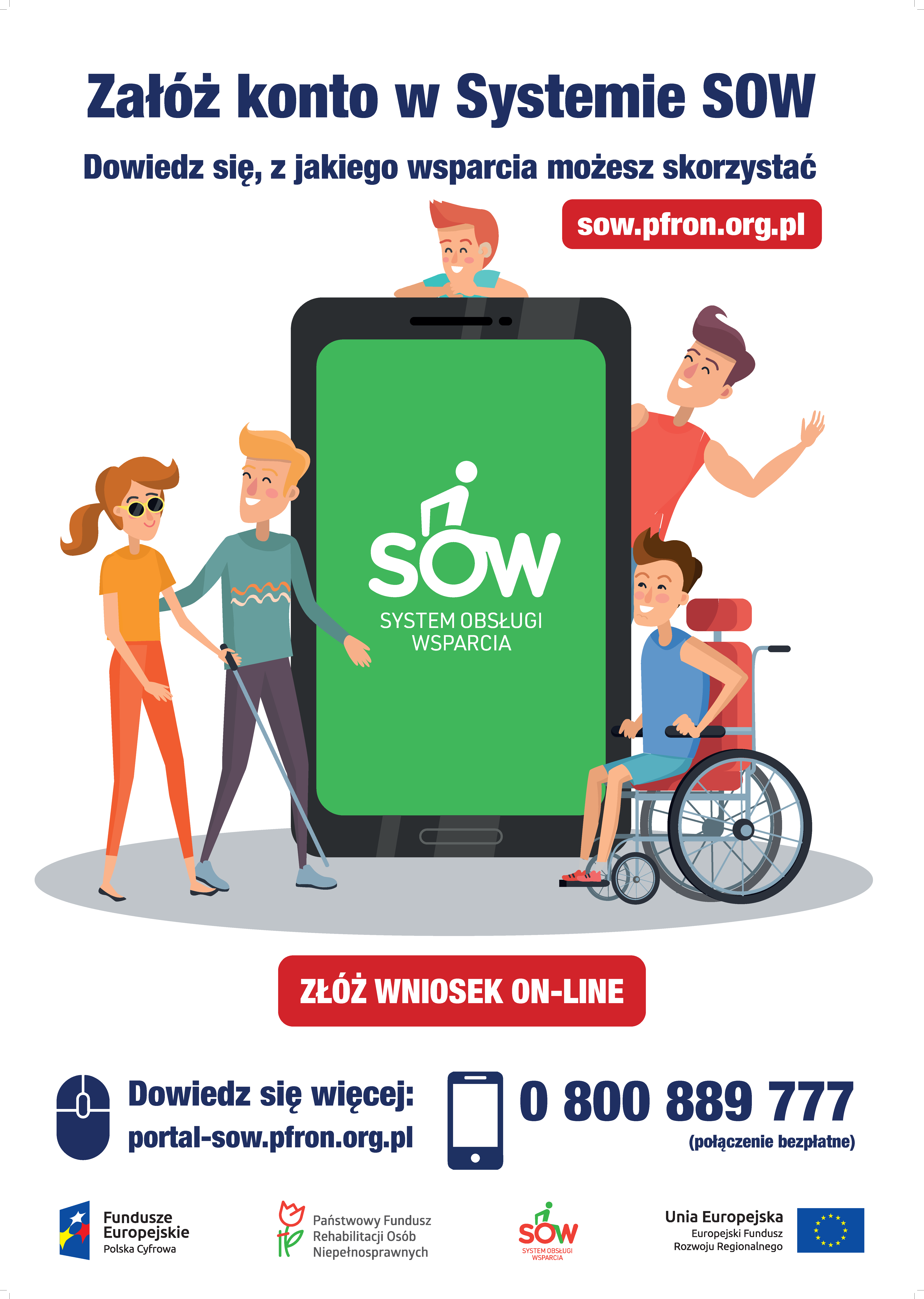 Obrazek przedstawia plakat Systemu Obsługi Wsparcia. Na środku plakatu znajduje się urządzenie mobilne wyświetlające białe logo SOW na zielonym tle. Przy urządzeniu znajdują się osoby przedstawiające różne rodzaje niepełnosprawności.