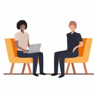 Zdjęcie przedstawia rozmawiające ze sobą osoby. Obie postacie siedzą na fotelach. Pierwsza osoba trzyma na kolanach laptopa, jej włosy są ciemnobrązowe. Druga osoba jest jasnowłosa.