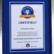Certyfikat dla PŁ od Biura Rekordów.