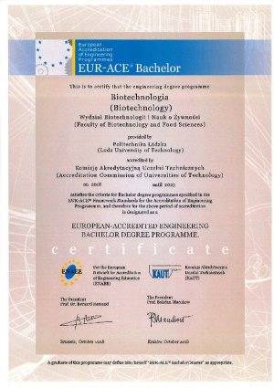 Eur Ace bachelor dla biotechnologii na PŁ