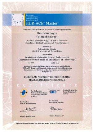 Eur -Ace certyfikat europejski dla biotechnologii na PŁ