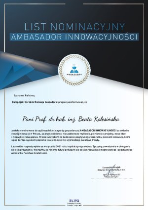 List nominacyjny - Ambasador Innowacyjności dla prof. Beaty Kolesińskiej z PŁ