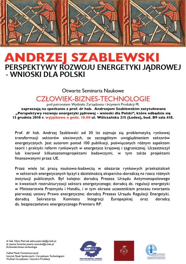 Plakat na seminarium na PŁ z prof. Andrzejem Szablewskim