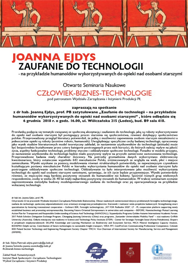 Plakat na seminarium na PŁ z dr hab. Joanną Ejdys.