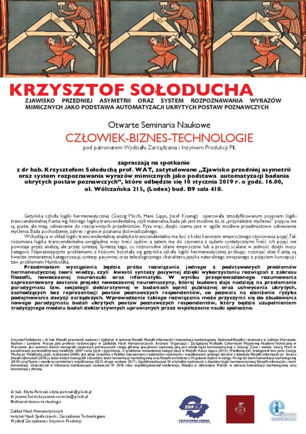 Plakat na seminarium na PŁ - dr hab. Krzysztof Sołoducha