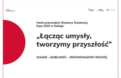 Grafika do polskiej ekspozycji na wystawie EXPO 2020: na białym tle czarny napis: Łącząc umysły, tworzymy przyszłość.