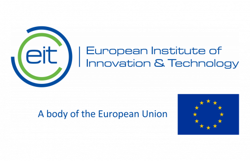 Niebieskie logo organizacji EIT na białym tle.